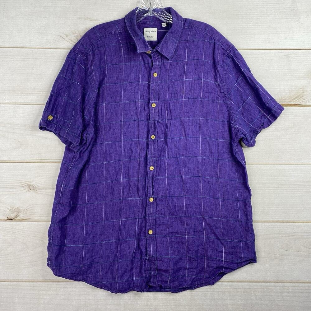 Baird McNutt Mens XL Linen Shirt Murano Purple Short Sleeve Big Check Stripe